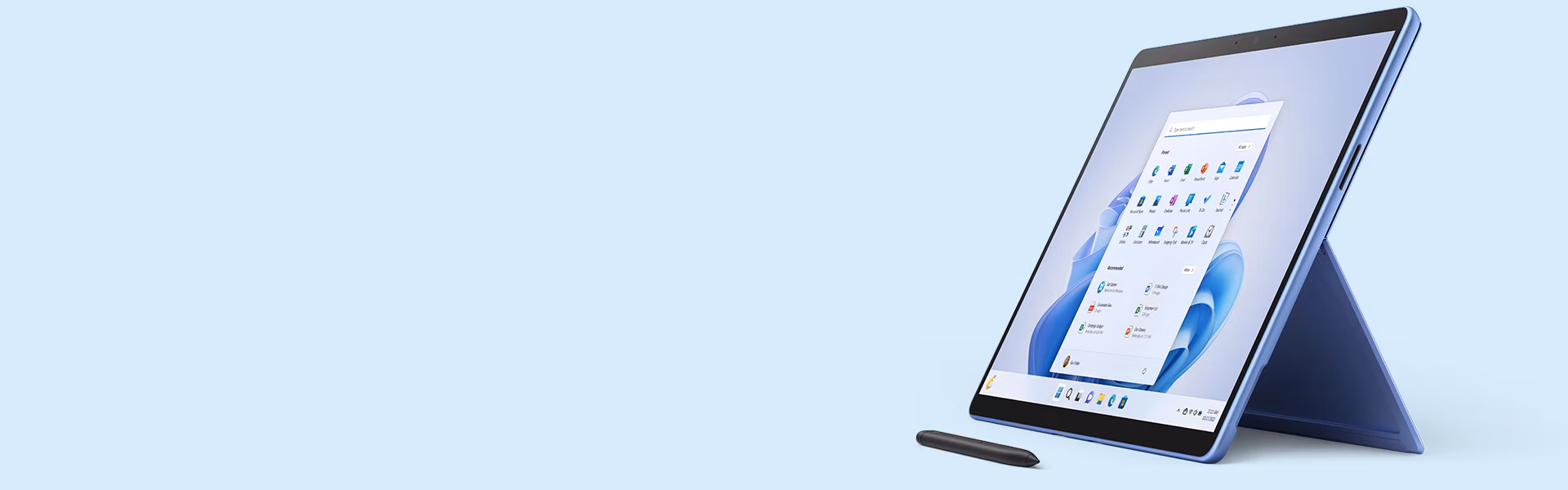 Msft surface pro 9 sapphire shown in a view with surface slim pen 2 with blue background rwluzb vp5 1920x600