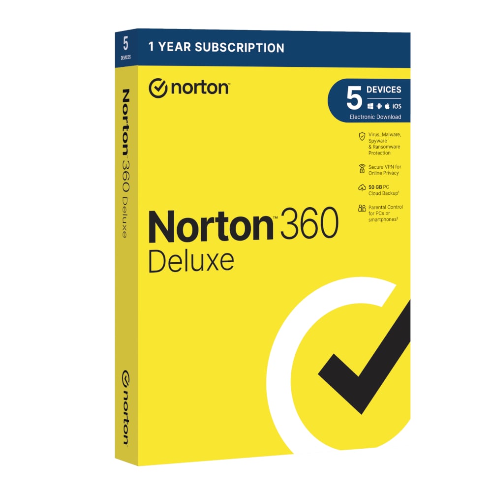 Norton 360 Deluxe security software for up to five devices, annual subscription